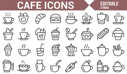 Cafe Icons Collection Featuring Drinks, Snacks, and Coffee Items in Simple Line Art