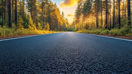 Asphalt road through a pine forest at sunset