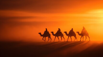 Silhouetted camels and riders traverse a desert landscape at sunset, creating a serene atmosphere