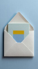 An open white envelope on a light blue background reveals a minimalist greeting card with yellow and blue geometric shapes.