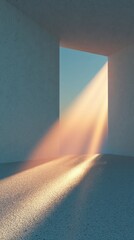 A beam of sunlight streams through a rectangular opening, casting warm light and shadows on a textured floor in a minimalist, empty room.