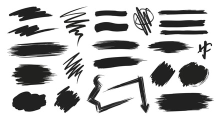 Collection of Hand Drawn Black Brush Strokes Scribbles and Arrow Shapes.