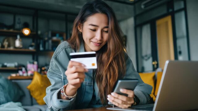 An woman wearing a denim jacket is happily shopping online. She is holding a credit card in one hand and a smartphone in the other, while using a laptop at the same time