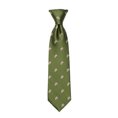Olive green necktie with delicate floral pattern, elegant accessory.