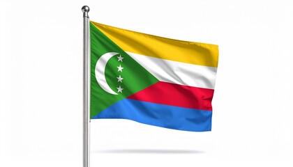 The Comoros flag—a four-stripe banner of yellow, white, red, and blue, anchored by a green triangle with a crescent and four stars—encapsulates the nation's island identity, cultural plurality, 