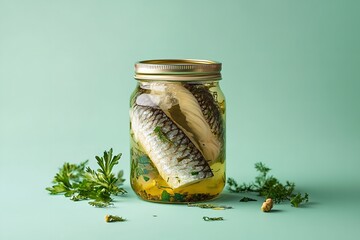 Over pale green setting glass jar with pickled herring fillets depict filling and high-omega eating habits lovely hue delish food space, Generative AI.