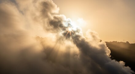 Fototapeta premium 夕日輝く蒸気 幻想的風景 迫力満点. AI Generated