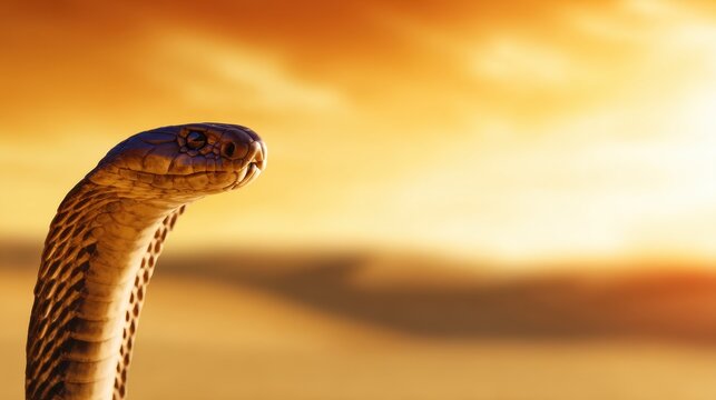 Majestic cobra poised against a stunning sunset backdrop in a serene desert landscape - Powered by Adobe