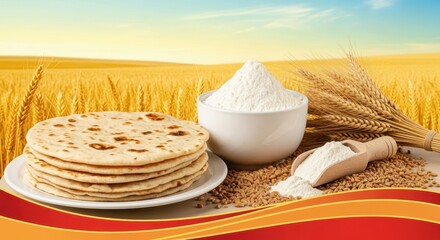 Roti flatbread stack with wheat and flour against golden field