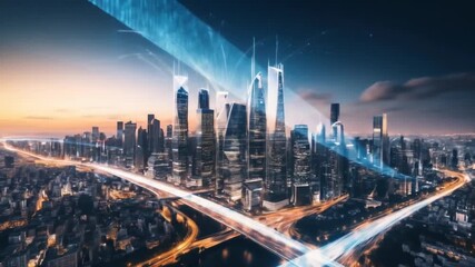 Aerial view of futuristic city skyline with glowing data streams at dusk or dawn - Powered by Adobe