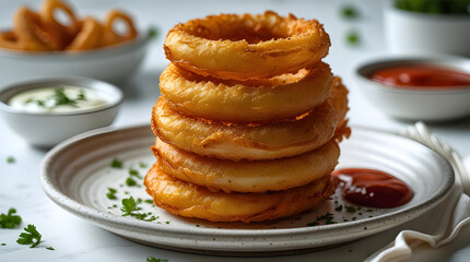 Fototapeta premium Crispy Golden Onion Rings with Dipping Sauce on White Plate