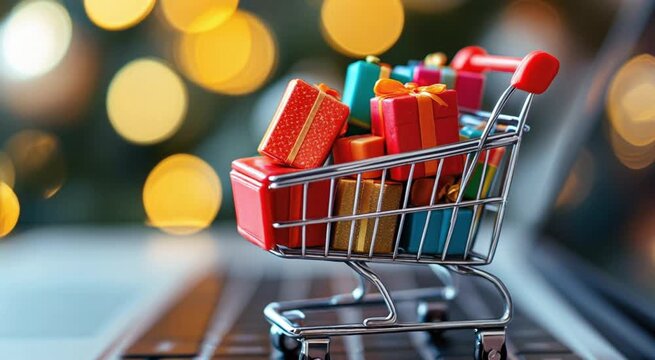 Online Holiday Shopping Concept With Gift Boxes In A Shopping Cart On Laptop