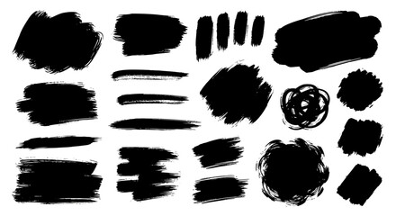 Collection of varied black ink brush strokes and splatters for artistic design.