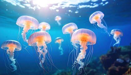 Fototapeta premium Jellyfish swarm in sunlit ocean
