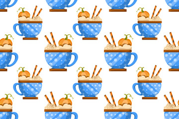Autumn desserts flat seamless pattern. Pumpkin spice latte and cupcakes vector texture. Cappuccino, cake and leaves backdrop. Fall season food wrapping paper, wallpaper, textile design
