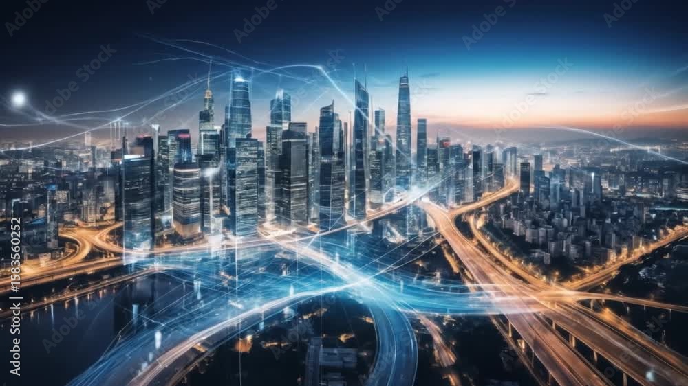 Poster futuristic city skyline with data streams visualizing a connected urban landscape