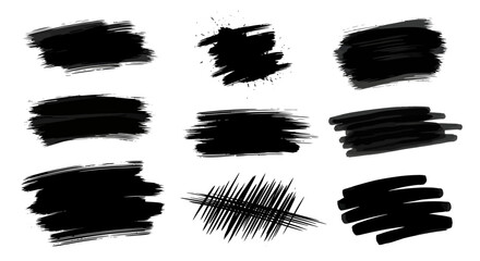 Nine Abstract Black Brush Strokes and Splatters with Varied Textures and Shapes.