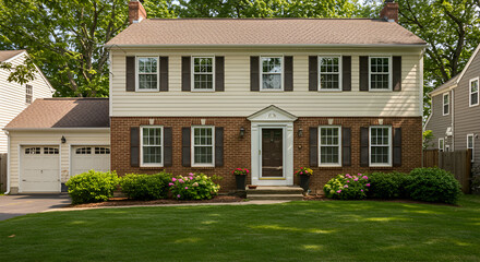 Obraz premium A well-maintained suburban home with a classic design, situated on a manicured lawn.