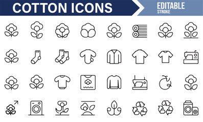 Fashion and Apparel Icons Set Featuring T-Shirts, Cotton Plant, and Sewing Items