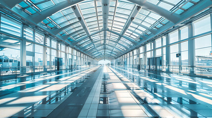 Bright interior of a modern airport terminal with expansive glass windows and shiny floors creating a sense of spaciousness