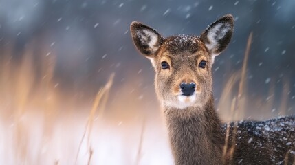 Fototapeta premium A serene deer gazing into the camera amidst falling snow in a tranquil winter landscape