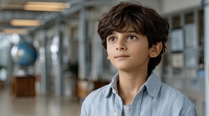 Fototapeta premium Boy stands in a dark, abandoned school hall gazing at the camera, dressed in a blue striped shirt with fog and dramatic lighting around him