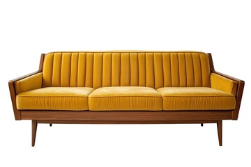 Obraz premium Stylish Yellow Velvet Sofa with Wooden Frame on White Background