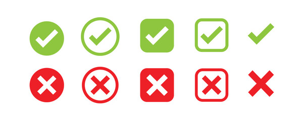 Checkmark and Crossmark A collection of checkmarks and crossmarks, presented in different shapes and styles. These symbols represent affirmation and rejection.  icon set,