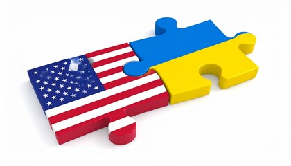 Prompt "Two interlocked puzzle pieces—one painted with the American flag and the other with Ukraine’s—symbolizing geopolitical alliance, supportive connection, and the effort to build unity from diffe