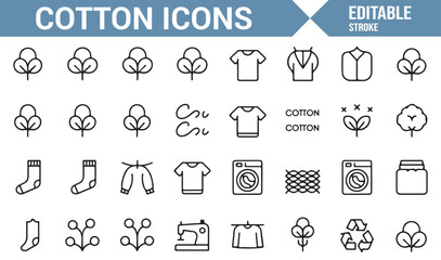 Cotton and Fabric Icons Featuring Cotton Flowers, Shirts, and Sewing Equipment
