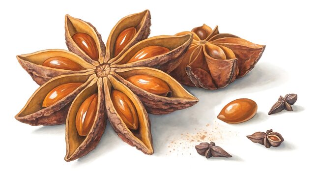Close up of star anise spice with seeds and powder