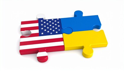 Prompt "Two interlocked puzzle pieces—one painted with the American flag and the other with Ukraine’s—symbolizing geopolitical alliance, supportive connection, and the effort to build unity from diffe