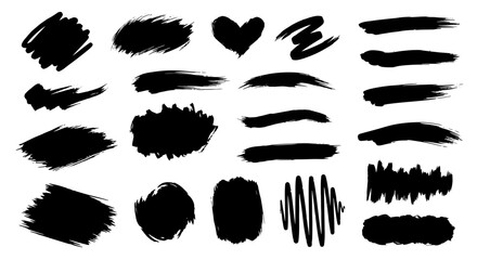 Assorted Black Brush Strokes and Splatters with Heart Shape Isolated.