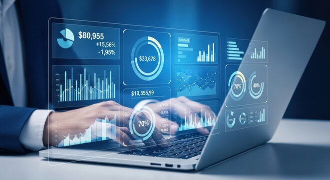 Business analytics data visualization on futuristic screen image