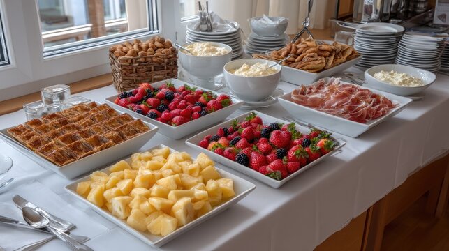 A beautifully set table showcases a colorful array of breads, fruits, cheeses, nuts, and prosciutto for an inviting feast - Powered by Adobe