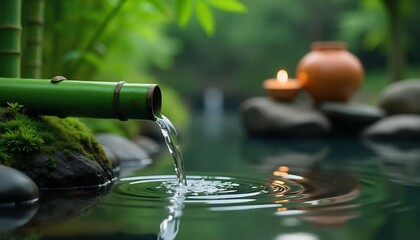 "A peaceful Zen garden scene featuring a green bamboo pipe gently pouring water into a calm pond, creating soft ripples on the surface. Smooth black stones, green moss, and lush bamboo plants surround