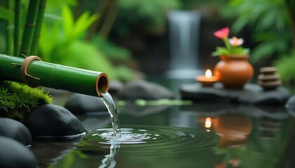"A peaceful Zen garden scene featuring a green bamboo pipe gently pouring water into a calm pond, creating soft ripples on the surface. Smooth black stones, green moss, and lush bamboo plants surround