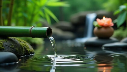 "A peaceful Zen garden scene featuring a green bamboo pipe gently pouring water into a calm pond, creating soft ripples on the surface. Smooth black stones, green moss, and lush bamboo plants surround
