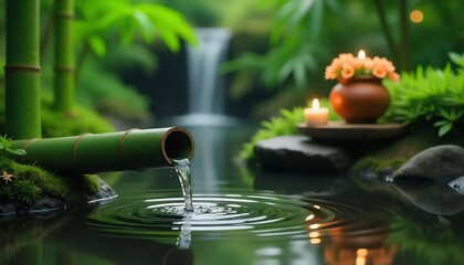 "A peaceful Zen garden scene featuring a green bamboo pipe gently pouring water into a calm pond, creating soft ripples on the surface. Smooth black stones, green moss, and lush bamboo plants surround