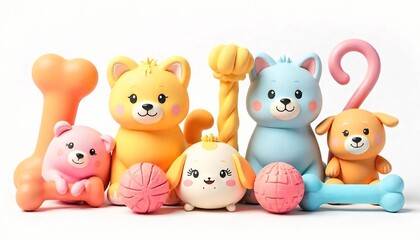 High-resolution 3D render of colorful pet toys including chew bones, squeaky balls, plush animals, and tug ropes — isolated on a transparent background, soft lighting, vibrant colors, cute and playful
