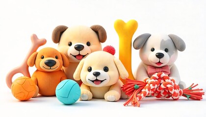 High-resolution 3D render of colorful pet toys including chew bones, squeaky balls, plush animals, and tug ropes — isolated on a transparent background, soft lighting, vibrant colors, cute and playful