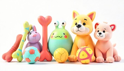 High-resolution 3D render of colorful pet toys including chew bones, squeaky balls, plush animals, and tug ropes — isolated on a transparent background, soft lighting, vibrant colors, cute and playful