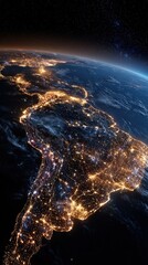 Nighttime satellite view of South America illuminated by city lights, showcasing the continent's geography and urban development from space.