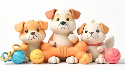 High-resolution 3D render of colorful pet toys including chew bones, squeaky balls, plush animals, and tug ropes — isolated on a transparent background, soft lighting, vibrant colors, cute and playful