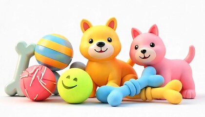 High-resolution 3D render of colorful pet toys including chew bones, squeaky balls, plush animals, and tug ropes — isolated on a transparent background, soft lighting, vibrant colors, cute and playful