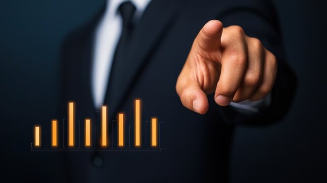 A businessman in a suit points forward with a glowing bar chart floating in front, symbolizing growth and data analysis.