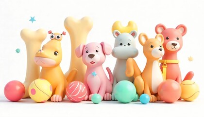 High-resolution 3D render of colorful pet toys including chew bones, squeaky balls, plush animals, and tug ropes — isolated on a transparent background, soft lighting, vibrant colors, cute and playful