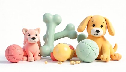 High-resolution 3D render of colorful pet toys including chew bones, squeaky balls, plush animals, and tug ropes — isolated on a transparent background, soft lighting, vibrant colors, cute and playful