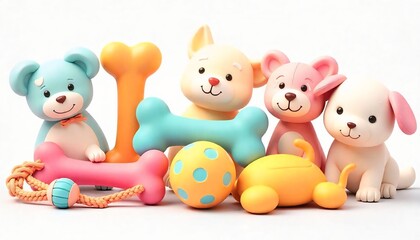 High-resolution 3D render of colorful pet toys including chew bones, squeaky balls, plush animals, and tug ropes — isolated on a transparent background, soft lighting, vibrant colors, cute and playful
