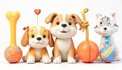 High-resolution 3D render of colorful pet toys including chew bones, squeaky balls, plush animals, and tug ropes — isolated on a transparent background, soft lighting, vibrant colors, cute and playful
